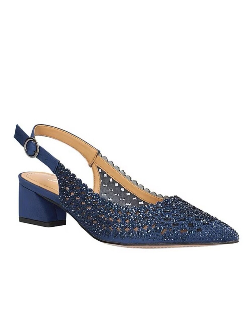 J Renee Pranil Satin Rhinestone Block Heel Slingback Pumps 8.5 W Navy Blue